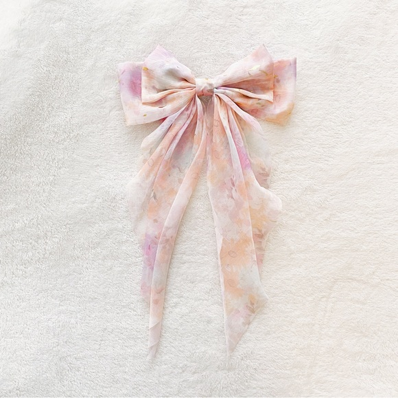 Altar’d State Pastel Pink Orange White Floral Watercolor Hair Bow Clip Accessory - Picture 3 of 3